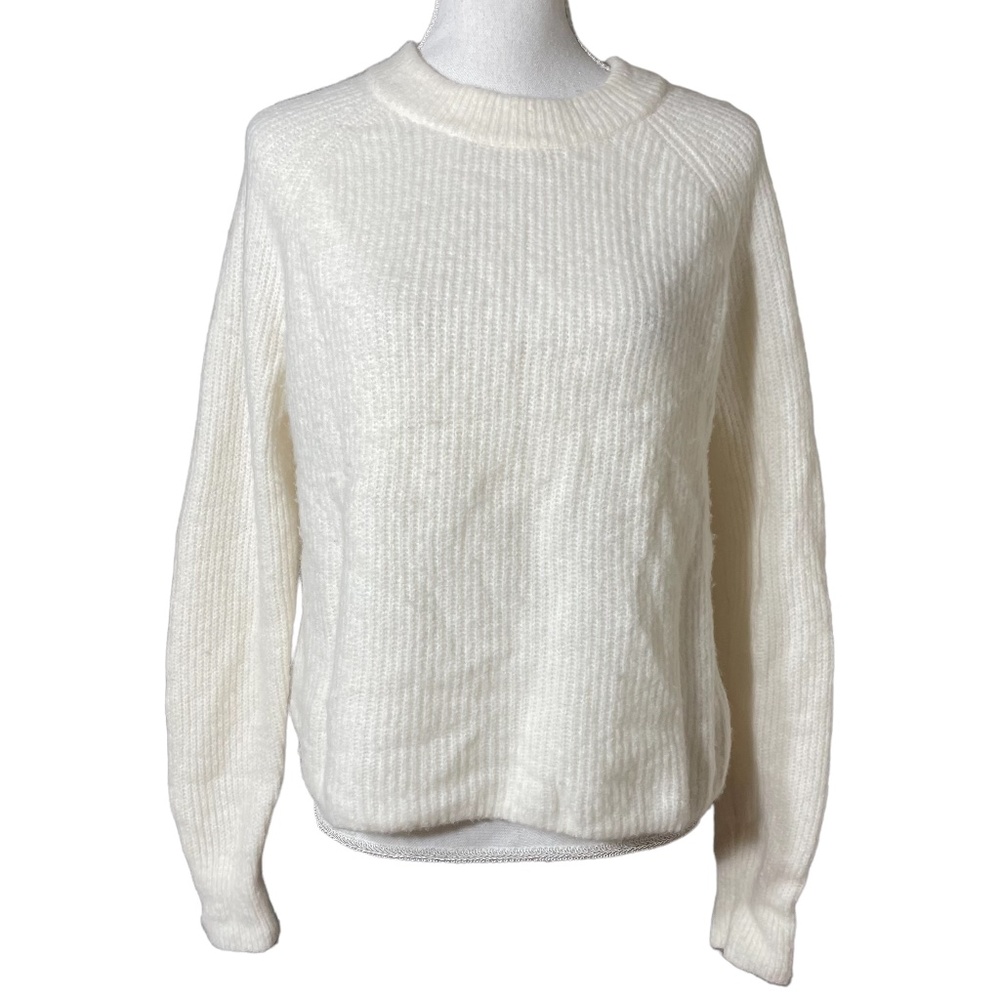 58% Wool Ribbed Sweater L Knit Banana Republic Cream White Ivory Crew Neck